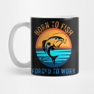 Born to Fish Forced to Work Blue & Orange Letters Water Sunset Background Mug